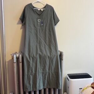 Vintage Women's XL Green Linen Blend V-Neck Embroidered Grape Leaf Maxi Dress